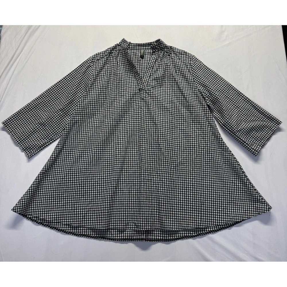 Gamiss‎ Tunic Blouse Top Womens 4XL Black White Gingham V Neck Flowy Hem Pleated